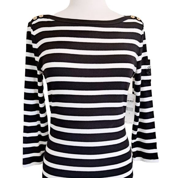 NWT LAUREN Ralph Lauren Striped Dress Size Medium Black & White Preppy Nautical - Picture 2 of 10